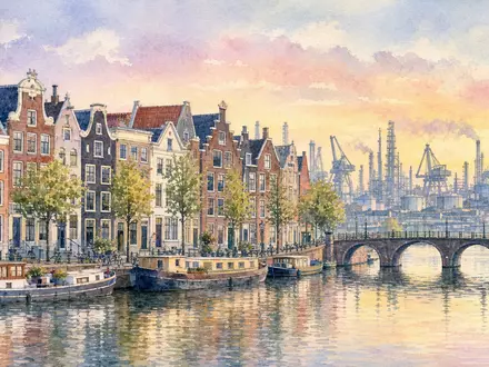 OCI N.V. NL0010558797 ist über die Amsterdamer Kanäle mit Blick auf ferne Industrieanlagen aquarelliert dargestellt - Foto: THN