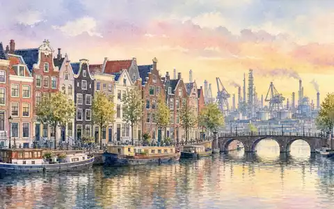 OCI N.V. NL0010558797 ist über die Amsterdamer Kanäle mit Blick auf ferne Industrieanlagen aquarelliert dargestellt - Foto: THN