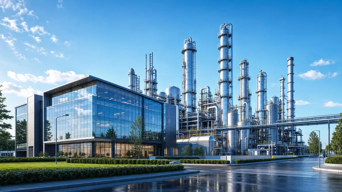 3D-Render eines modernen Bürogebäudes neben glänzenden Chemieanlagen-Türmen
