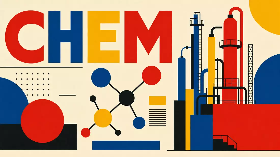 Geometrisches Bauhaus-Poster mit Molekülsymbolen und dem Text CHEM