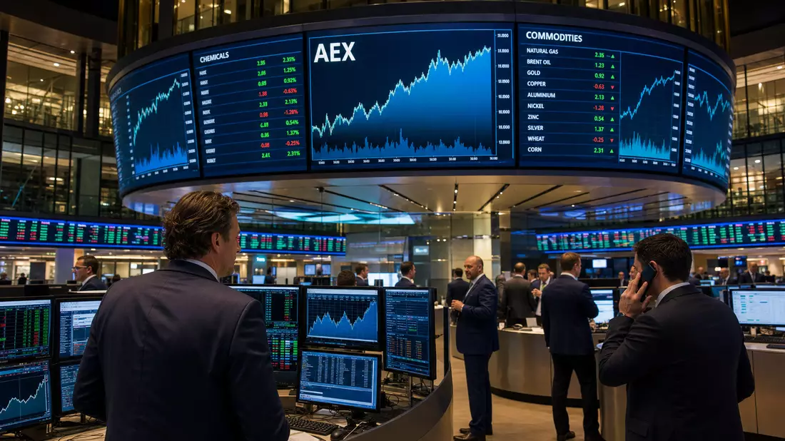 Trading-Floor der Euronext Amsterdam mit Bildschirmen und AEX-Index-Charts