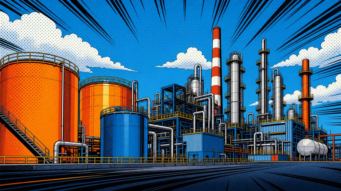 Pop-Art-Comic-Illustration einer Chemieanlage mit orangen und blauen Tanks