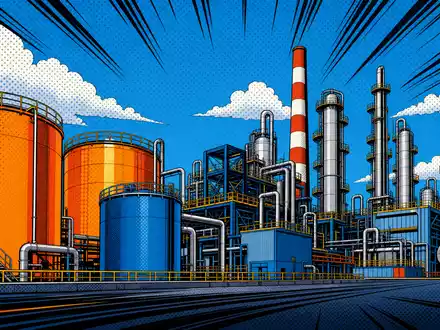 OCI N.V. NL0010558797 erscheint als farbenfrohe Pop-Art-Comic-Szene mit stilisierten Tanks und Schornsteinen der Chemieanlage - Foto: THN