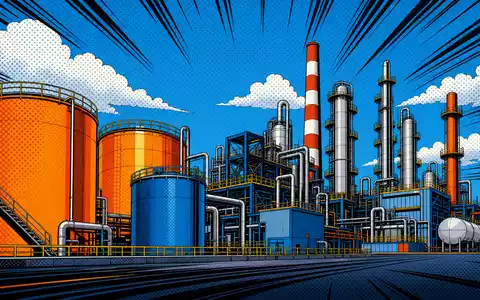 OCI N.V. NL0010558797 erscheint als farbenfrohe Pop-Art-Comic-Szene mit stilisierten Tanks und Schornsteinen der Chemieanlage - Foto: THN