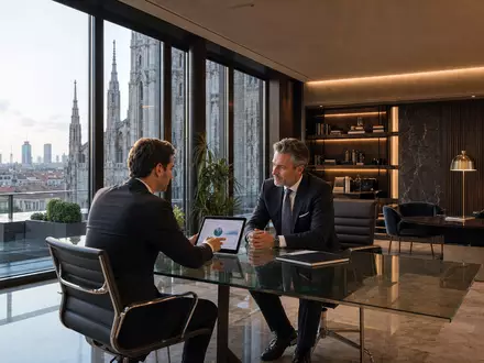 Fotorealistisches Bild eines Private-Banking-Büros passend zu Banca Generali S.p.A., ISIN IT0001063210, mit Mailand-Blick - Foto: THN