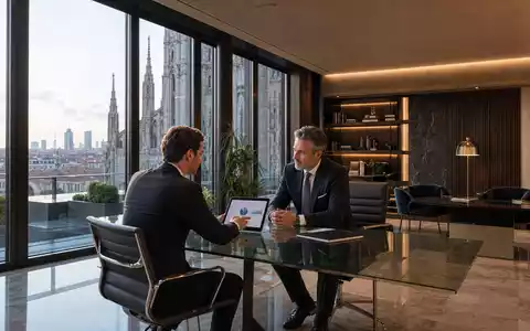 Fotorealistisches Bild eines Private-Banking-Büros passend zu Banca Generali S.p.A., ISIN IT0001063210, mit Mailand-Blick - Foto: THN