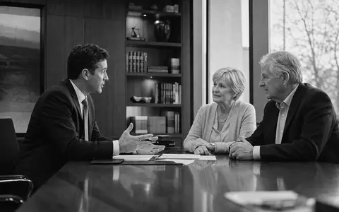 Schwarzweiße Reportage-Aufnahme einer Kundenberatung, thematisch verknüpft mit Banca Generali S.p.A., ISIN IT0001063210 - Foto: THN