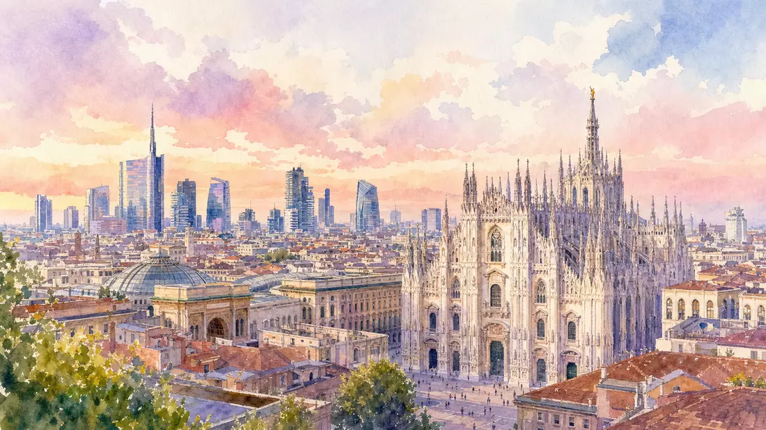 Aquarellbild der Mailänder Skyline mit Dom und Finanzviertel, künstlerisches Symbolbild