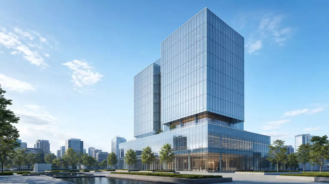3D-Architekturvisualisierung eines modernen Glas-Bürohochhauses, Symbolbild Finanzsektor