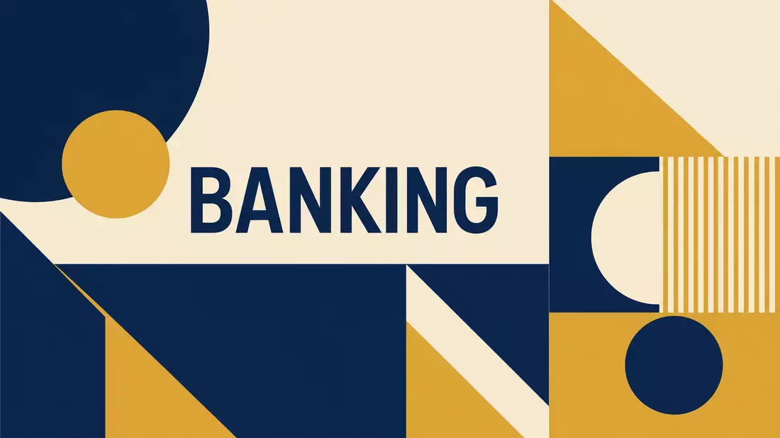 Geometrisches Bauhaus-Poster mit dem Wort BANKING in Blau, Gold und Creme, Symbolbild