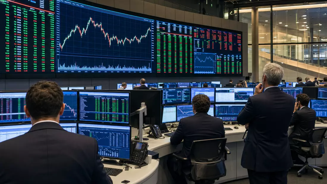 Editorial-Foto eines Handelsraums mit Finanzcharts auf großen Bildschirmen, Symbolbild