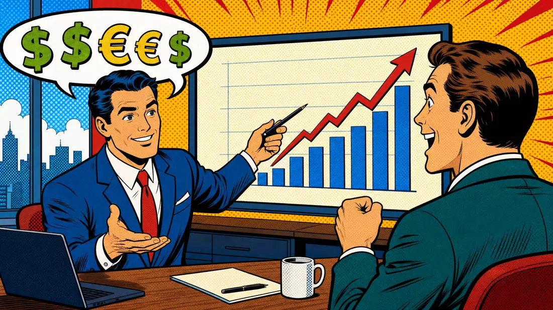 Farbenfrohe Pop-Art-Comic-Illustration eines Bankberaters mit steigendem Aktienchart, Symbolbild
