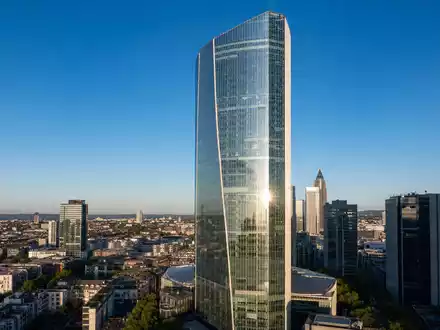 Deutsche Pfandbriefbank DE0008019001 zeigt modernen Frankfurter Büroturm als europäische Spezialkreditinstitut Zentrale im Morgenlicht - Foto: THN