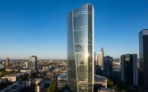 Deutsche Pfandbriefbank DE0008019001 zeigt modernen Frankfurter Büroturm als europäische Spezialkreditinstitut Zentrale im Morgenlicht - Foto: THN