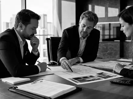 Deutsche Pfandbriefbank Experten DE0008019001 besprechen in schwarz weißer dokumentarischer Reportage Immobilienfinanzierungsunterlagen am Konferenztisch - Foto: THN