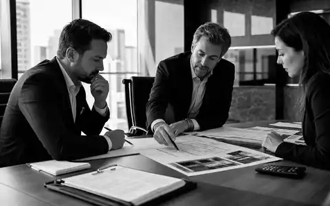 Deutsche Pfandbriefbank Experten DE0008019001 besprechen in schwarz weißer dokumentarischer Reportage Immobilienfinanzierungsunterlagen am Konferenztisch - Foto: THN