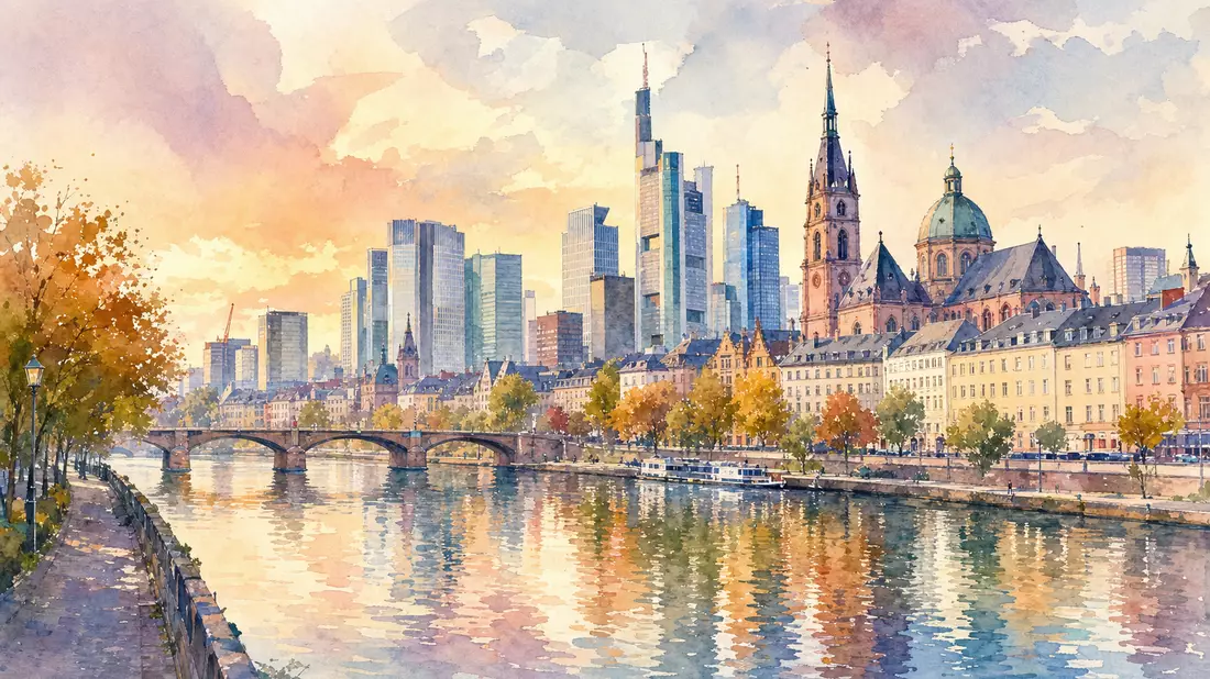 Aquarellmalerei der Frankfurter Skyline mit modernen Bürotürmen und dem Main im Herbst