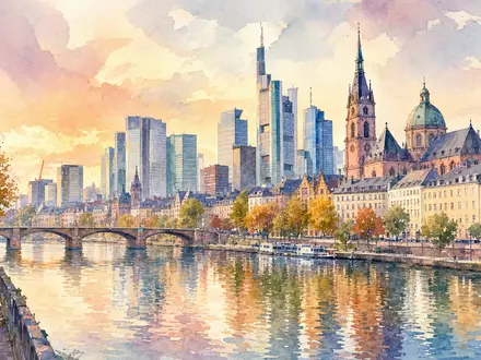 Deutsche Pfandbriefbank DE0008019001 Standort Frankfurt in warmen Aquarellfarben entlang des Mains dargestellt - Foto: THN