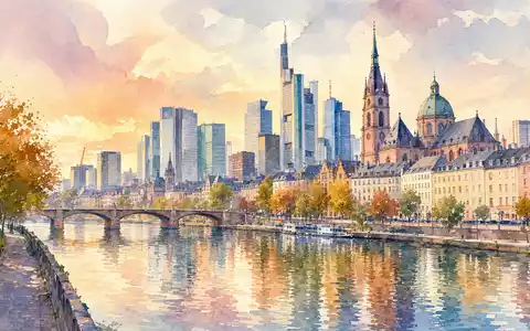 Deutsche Pfandbriefbank DE0008019001 Standort Frankfurt in warmen Aquarellfarben entlang des Mains dargestellt - Foto: THN