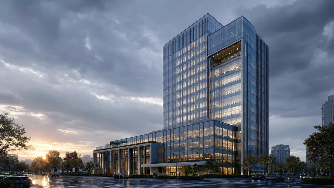 CGI-Render eines modernen Bankhochhauses mit Glasfassade im Abendlicht der Großstadt