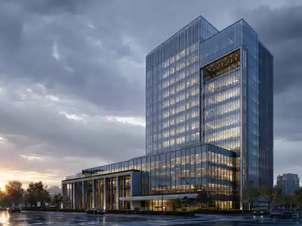Deutsche Pfandbriefbank DE0008019001 Hauptgebäude als modernes Glas Stahl Hochhaus Render bei Abenddämmerung - Foto: THN