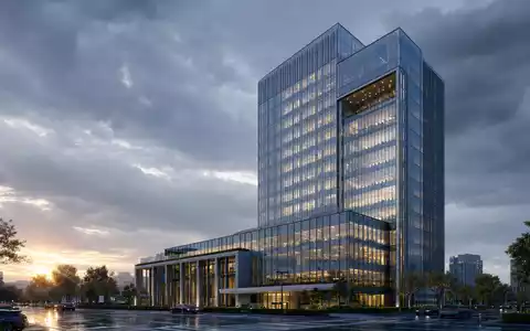 Deutsche Pfandbriefbank DE0008019001 Hauptgebäude als modernes Glas Stahl Hochhaus Render bei Abenddämmerung - Foto: THN