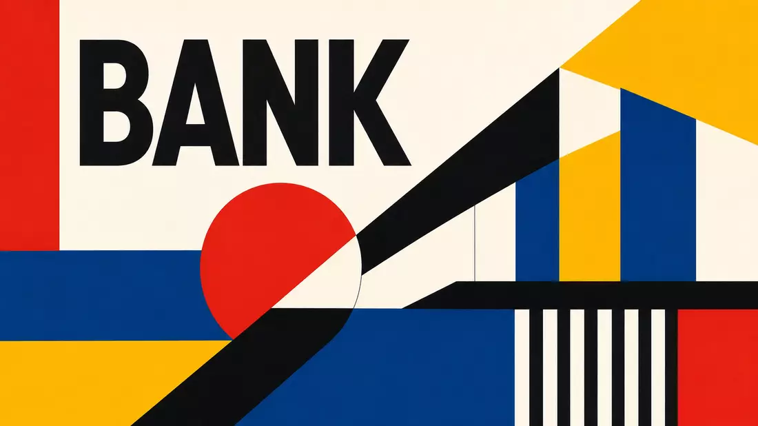 Geometrisches Bauhaus-Poster mit BANK-Schriftzug in Rot, Blau und Gelb auf weißem Grund