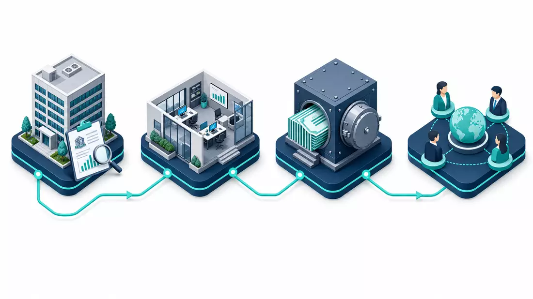 Isometrisches 3D-Diagramm der Wertschöpfungskette von Immobilienfinanzierung bis Pfandbriefemission