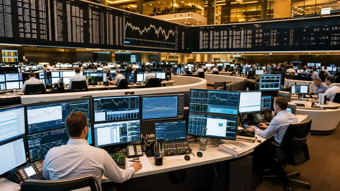Redaktionelles Foto des Frankfurter Börsenhandelsraums mit Händlern an Xetra-Workstations