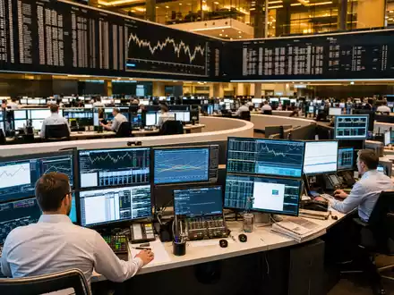 Deutsche Pfandbriefbank DE0008019001 Xetra Börsen Editorial mit Händlern und Immobiliensektorkursen auf Bildschirmen - Foto: THN