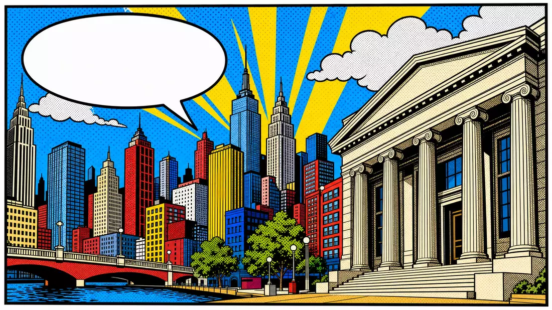 Bunte Pop-Art-Comic-Illustration einer Großstadtkulisse mit klassischem Bankgebäude und Halbtonpunkten