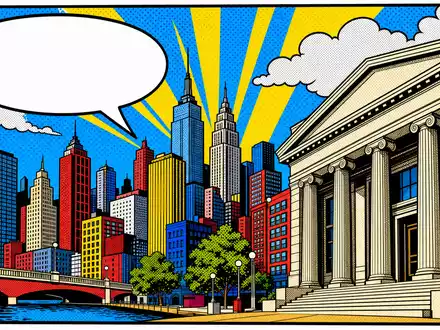 Deutsche Pfandbriefbank DE0008019001 als farbige Pop Art Comic Szene mit Bankgebäude Stadtsilhouette und Halbtonmuster - Foto: THN