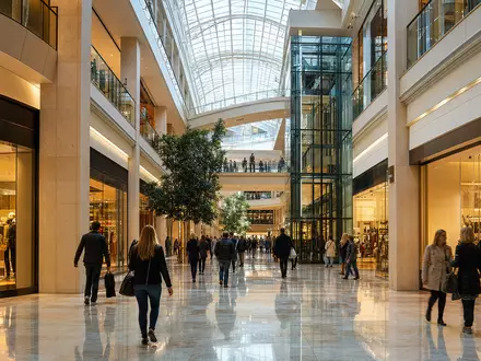 Deutsche EuroShop DE0007480204 – Fotorealistisches Innenpanorama eines modernen europäischen Einkaufszentrums mit Glasdach - Foto: THN