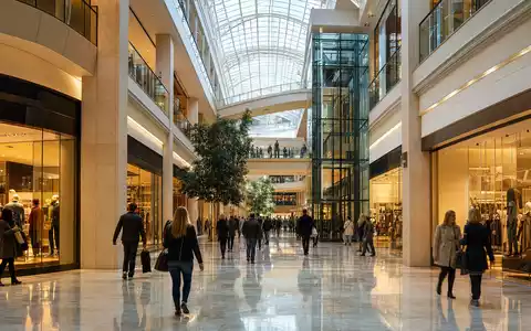 Deutsche EuroShop DE0007480204 – Fotorealistisches Innenpanorama eines modernen europäischen Einkaufszentrums mit Glasdach - Foto: THN