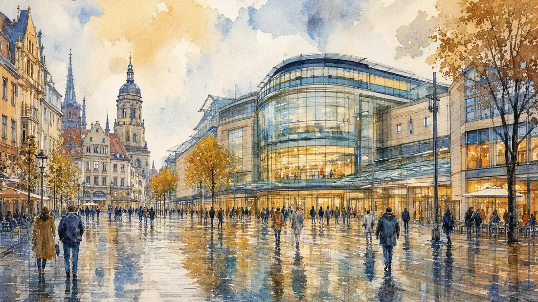 Aquarellmalerei einer deutschen Stadtmitte mit modernem Einkaufszentrum und Passanten