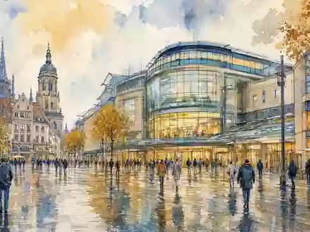 Deutsche EuroShop DE0007480204 – Aquarelldarstellung einer deutschen Stadtmitte mit modernem Einkaufszentrum und Passanten - Foto: THN