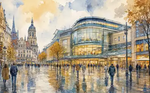 Deutsche EuroShop DE0007480204 – Aquarelldarstellung einer deutschen Stadtmitte mit modernem Einkaufszentrum und Passanten - Foto: THN