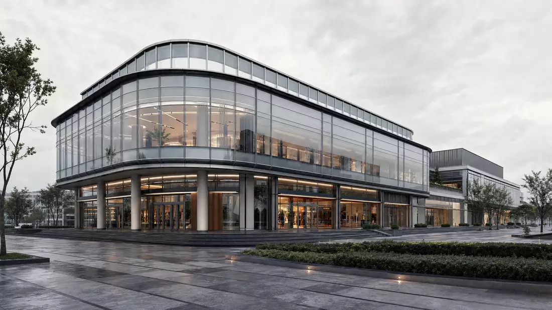 CGI-Architekturrender eines modernen Einkaufszentrums mit geschwungener Glasfassade