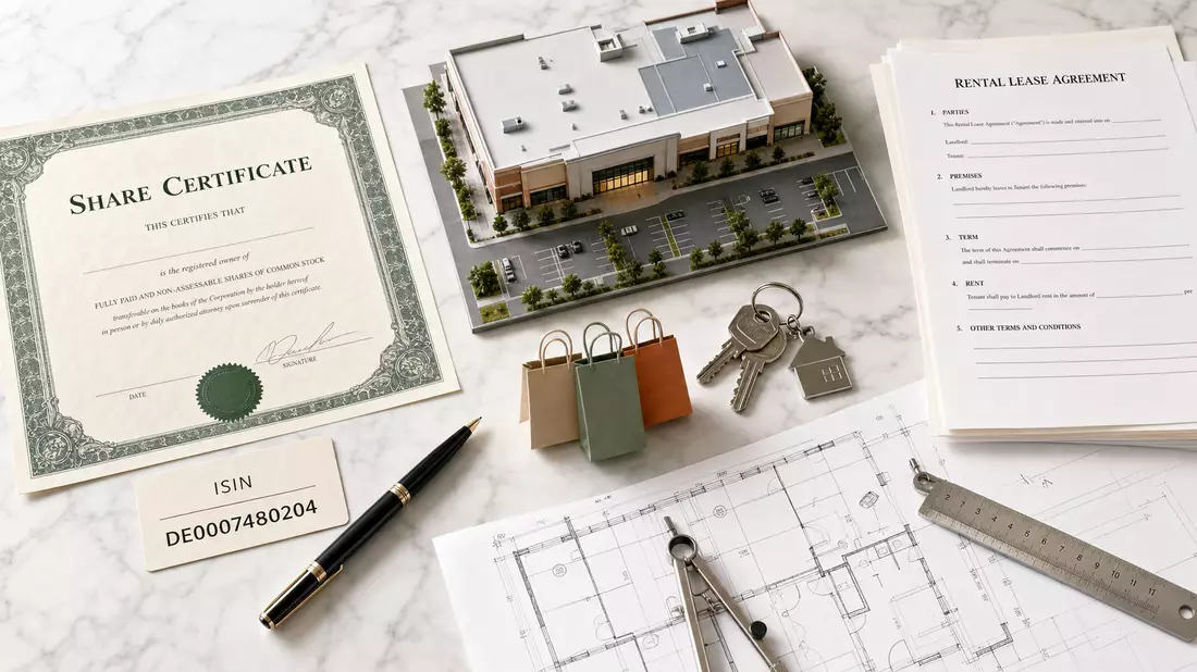 Flatlay auf Marmor mit Aktienzertifikat, ISIN-Karte DE0007480204 und Immobilien-Requisiten
