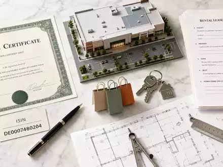 Deutsche EuroShop DE0007480204 – Flatlay mit Aktienzertifikat, ISIN-Karte und branchentypischen Immobilien-Objekten auf Marmor - Foto: THN
