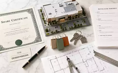 Deutsche EuroShop DE0007480204 – Flatlay mit Aktienzertifikat, ISIN-Karte und branchentypischen Immobilien-Objekten auf Marmor - Foto: THN