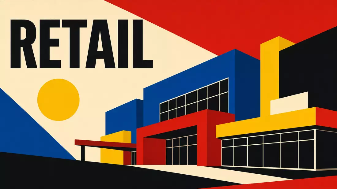 Bauhaus-Poster mit geometrischen Primärfarben, stilisiertem Einkaufszentrum und RETAIL-Schriftzug