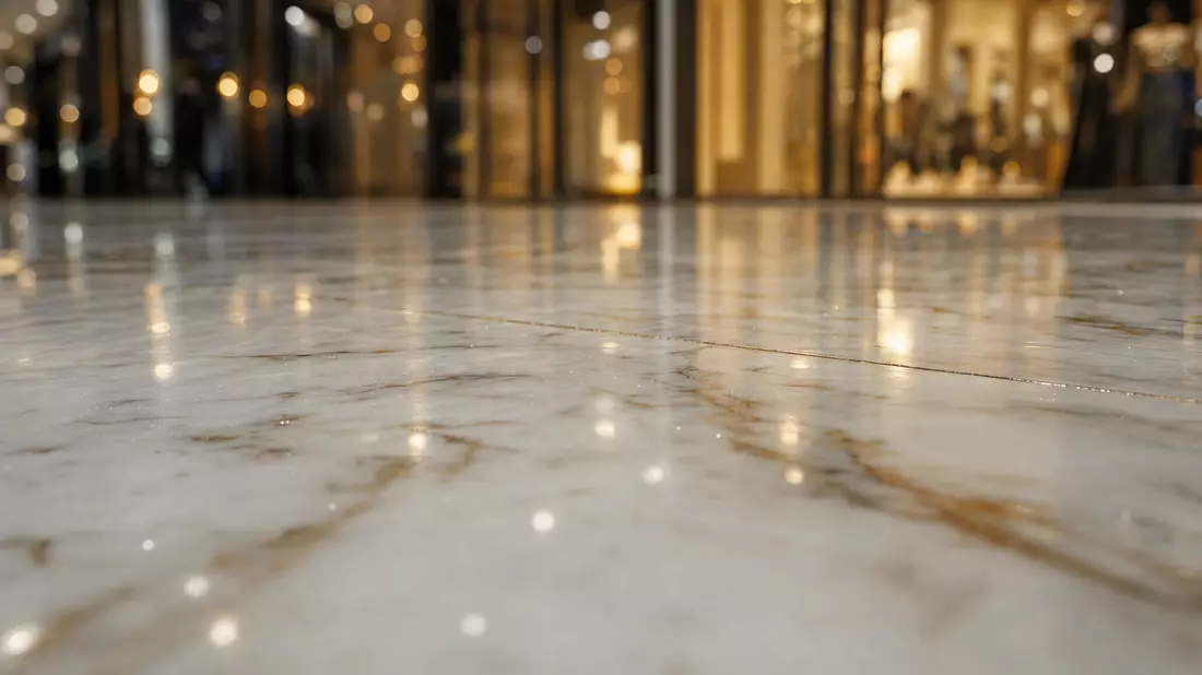 Makroaufnahme polierter Marmorbodenplatten mit goldenen Lichtreflexen im Einkaufszentrum