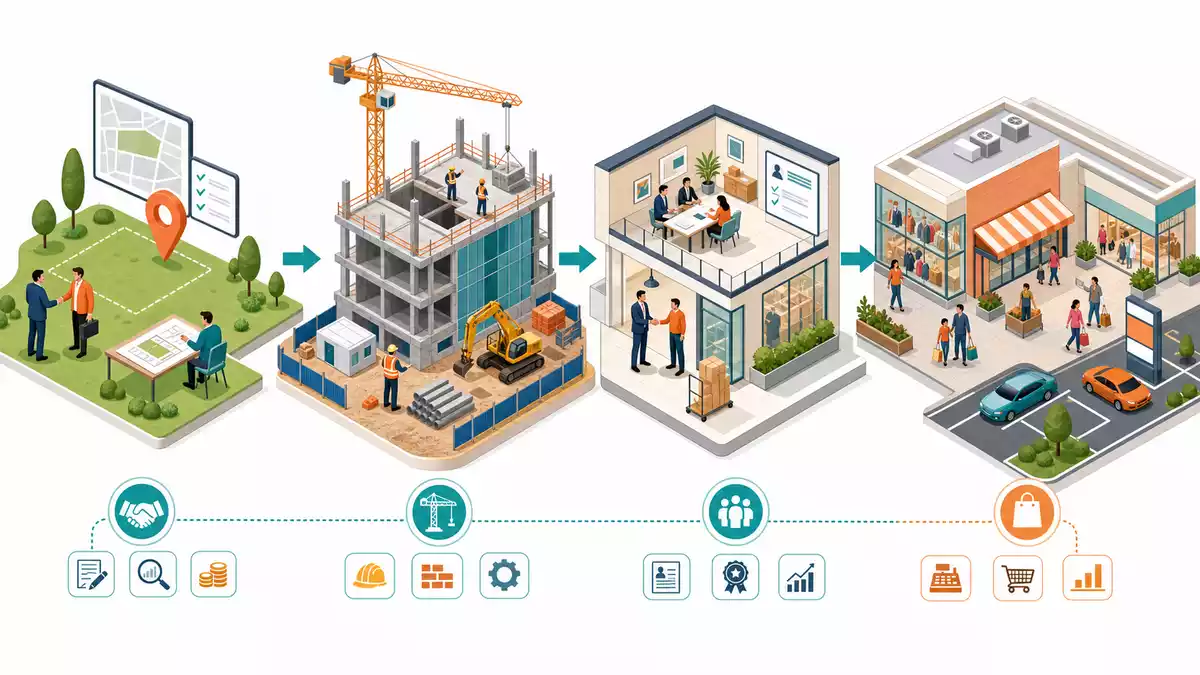 Isometrische 3D-Illustration der Retail-Immobilien-Wertschöpfungskette mit verbundenen Prozessstufen