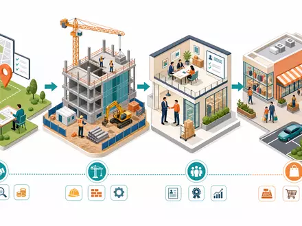 Deutsche EuroShop DE0007480204 – Isometrische 3D-Grafik der Wertschöpfungskette vom Immobilienkauf bis zum Einzelhandelsbetrieb - Foto: THN