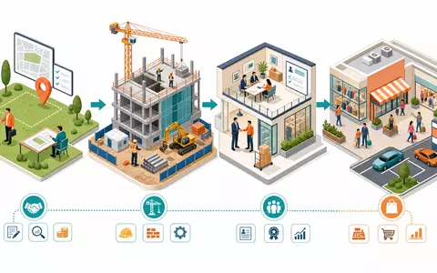 Deutsche EuroShop DE0007480204 – Isometrische 3D-Grafik der Wertschöpfungskette vom Immobilienkauf bis zum Einzelhandelsbetrieb - Foto: THN