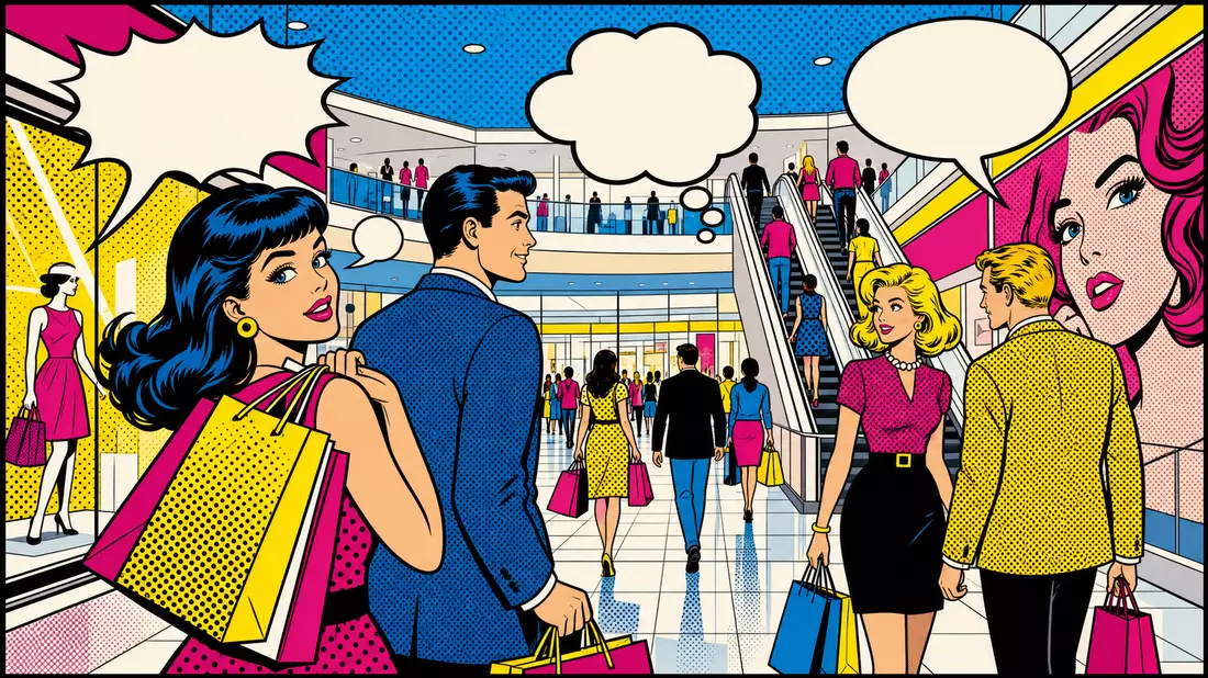 Pop-Art-Comic im Lichtenstein-Stil mit Shoppern im farbenfrohen Einkaufszentrum-Atrium