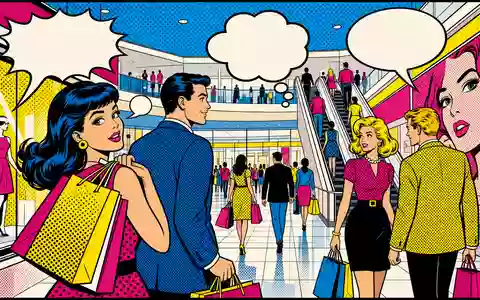 Deutsche EuroShop DE0007480204 – Pop-Art-Comic-Szene mit stilisierten Shoppern in buntem Einkaufszentrum im Lichtenstein-Stil - Foto: THN
