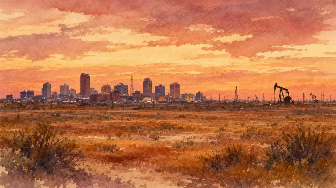 Aquarell der Midland Texas Skyline mit Ölförderanlagen im Abendhimmel