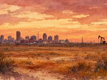 Diamondback Energy Hauptsitz Midland US25278X1090 als Aquarell mit texanischer Skyline und Pumpjacks - Foto: THN
